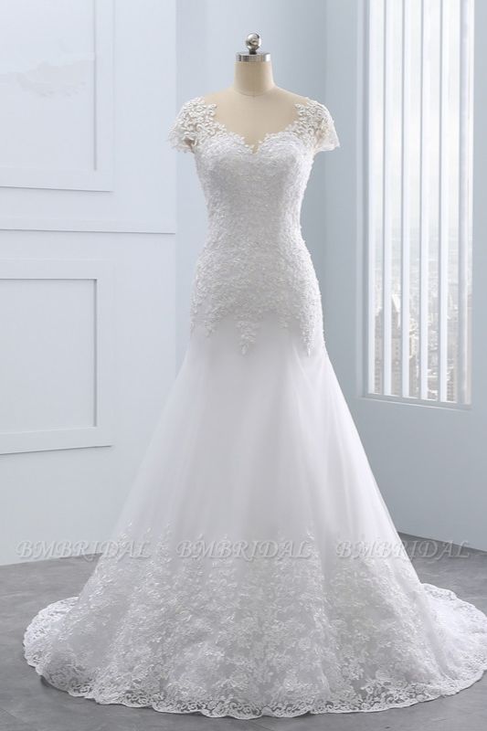 BMbridal Chic Jewel Mermaid Tulle Lace Wedding Dress Short-Sleeves Beadings Appliques Bridal Gowns On Sale