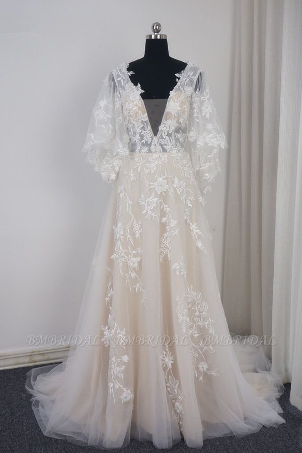 BMbridal Stylish Long Sleeves V-Neck Tulle Wedding Dress A-Line Appliques Ruffles Bridal Gown Online