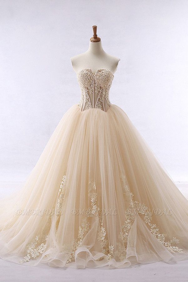 BMbridal Simple Strapless Champagne Tulle Wedding Dress Sweetheart Sleeveless Appliques Bridal Gowns with Beadings On Sale