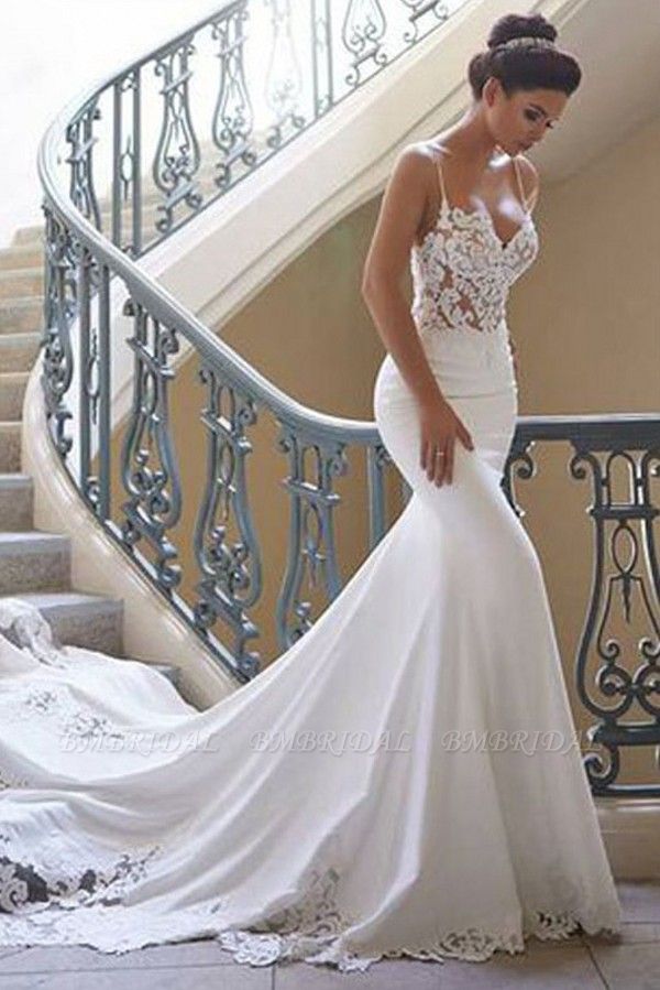 Bmbridal Spaghetti-Straps Lace Wedding Dress Mermaid Sleeveless