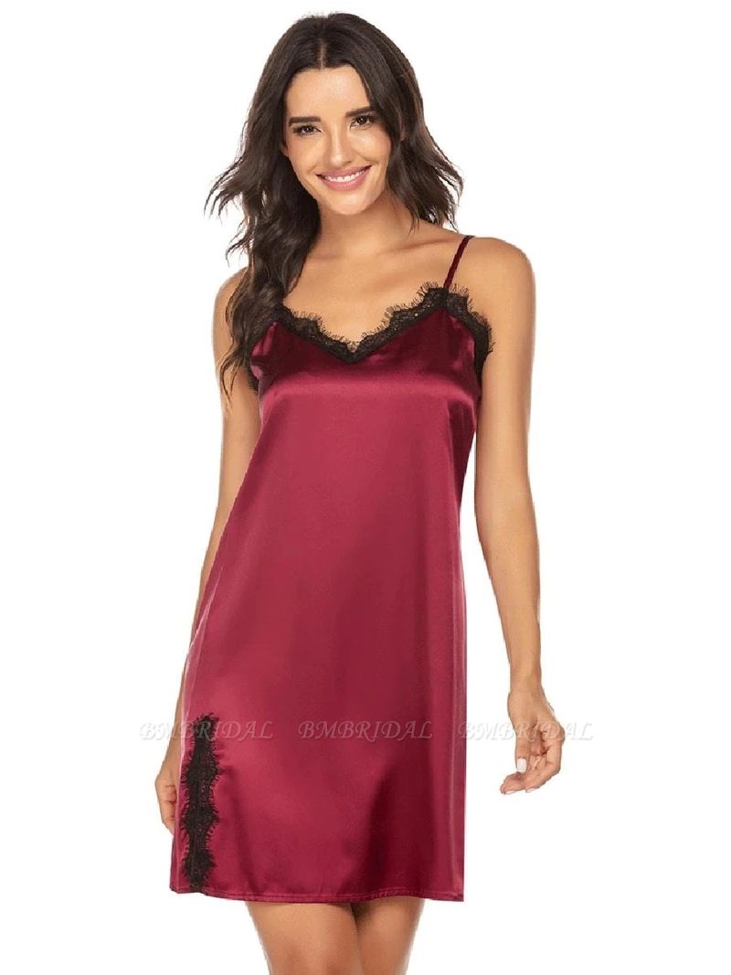 BMbridal Sexy Summer Spaghetti Straps Silk Short Burgundy Pajamas with Lace