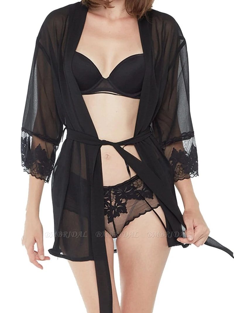 BMbridal Sexy Women Black V-Neck Lace Nightgown Bathrobe Sets