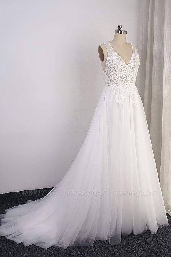BMbridal Elegant V-neck Tulle White Wedding Dress A-Line Lace Appliques Sleeveless Bridal Gowns On Sale