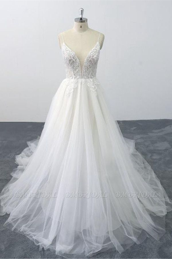 BMbridal Sexy Spaghetti Straps Tulle Lace Wedding Dress V-Neck Ruffles Appliques Bridal Gowns Online