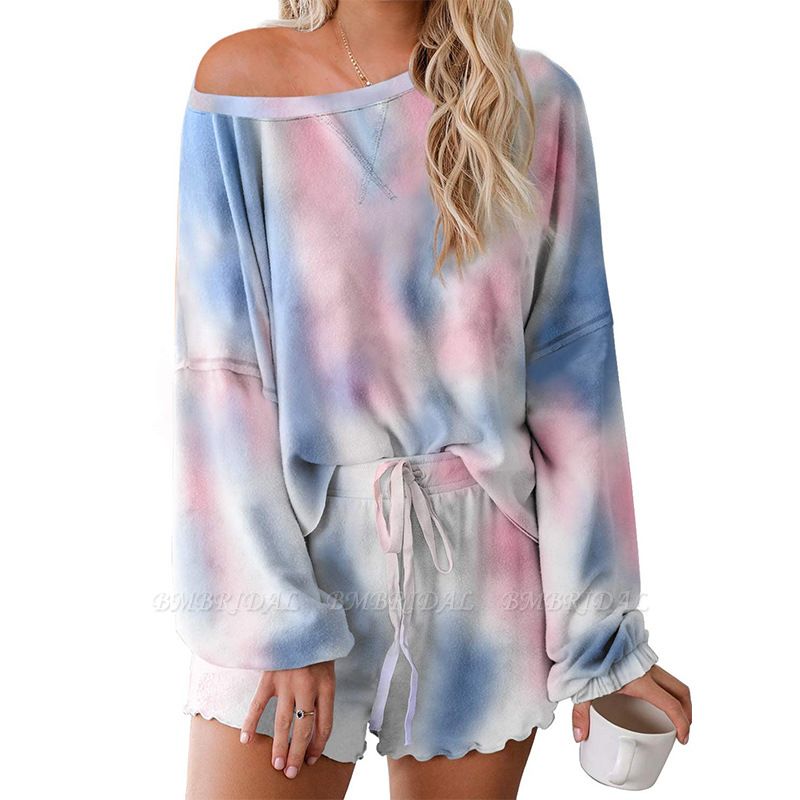 BMbridal Long sleeve One shoulder Tie-dye Loungewear Pink Two-pieces Pajamas