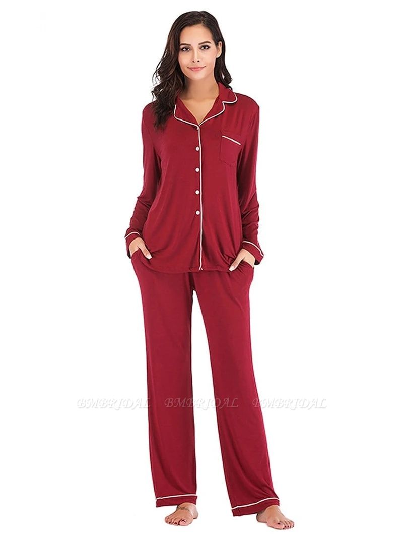 BMbridal Women's Burgundy Long Cosy Home Suit with Long-Sleeves