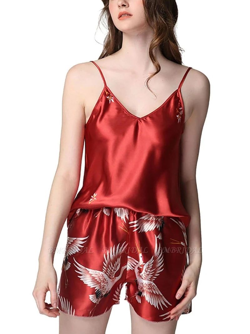 BMbridal Sexy Spaghetti Straps Two Pieces Printed Nightwear Red Silk Pajamas
