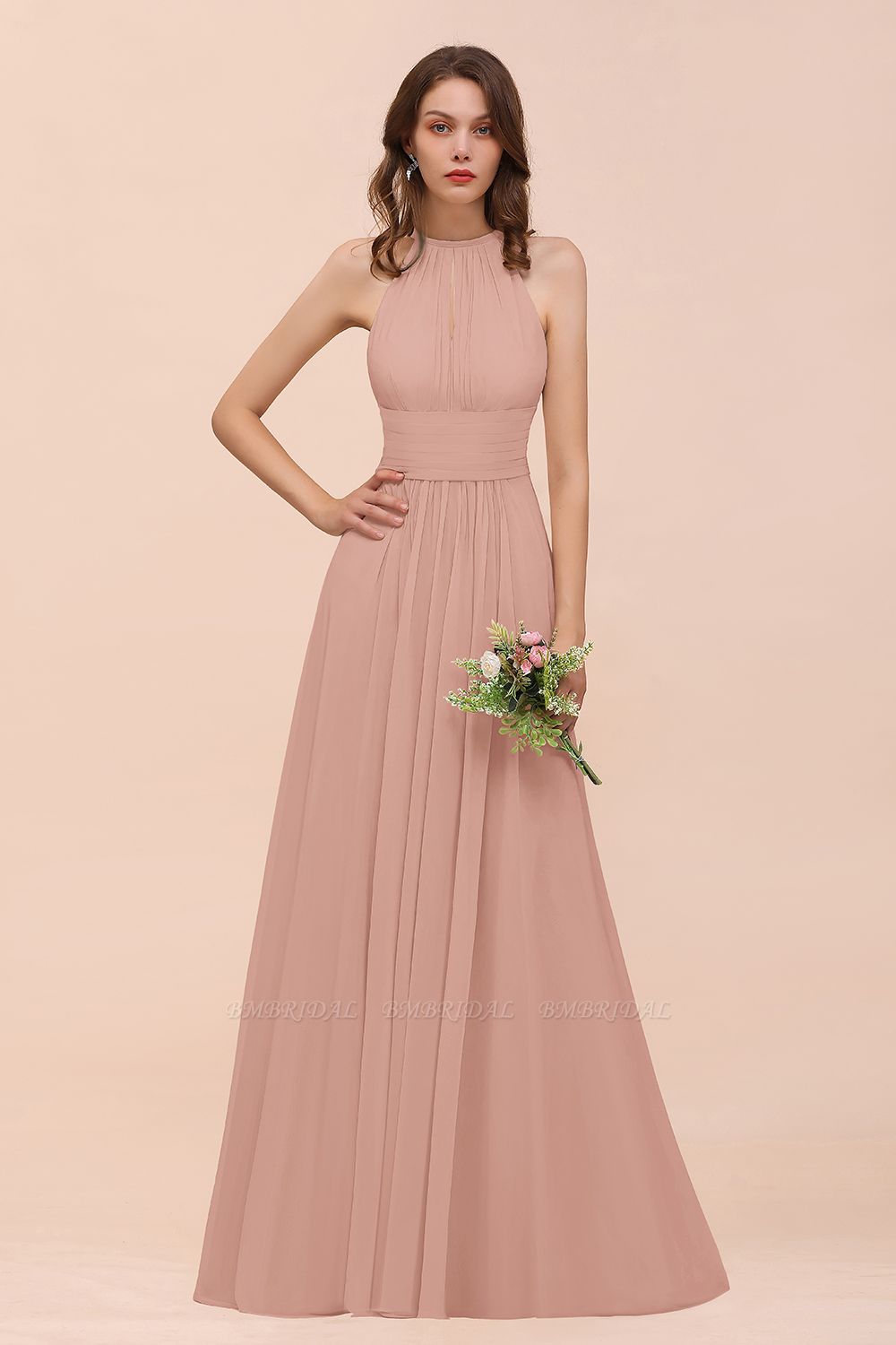 BMbridal Elegant Chiffon Jewel Ruffle Champagne Affordable Bridesmaid Dress Online