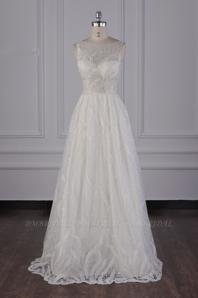 BMbridal Sparkly Beadings A-Line Ruffle Wedding Dress Jewel Appliques Bridal Gowns On Sale