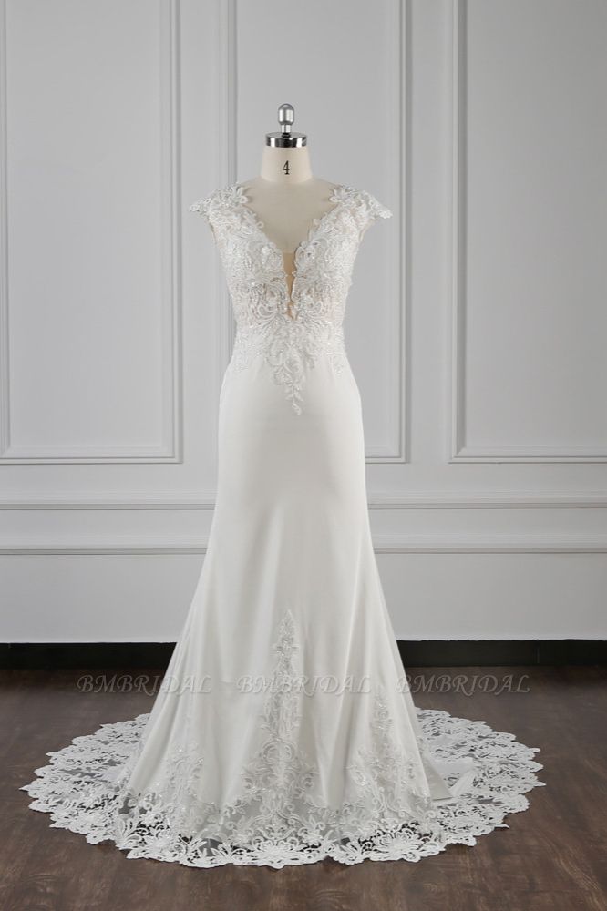 BMbridal Elegant Mermaid Chiffon Lace Wedding Dress V-neck Appliques Bridal Gowns On Sale