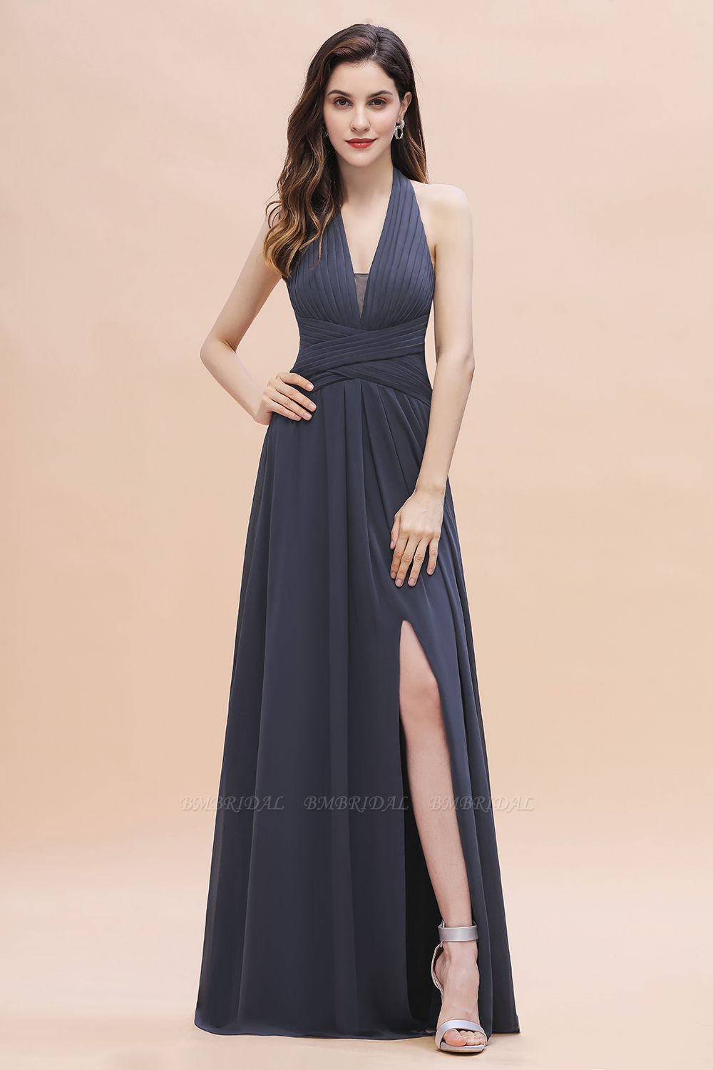 BMbridal Gorgeous Halter Chiffon Ruffles Bridesmaid Dress with Front Slit Online