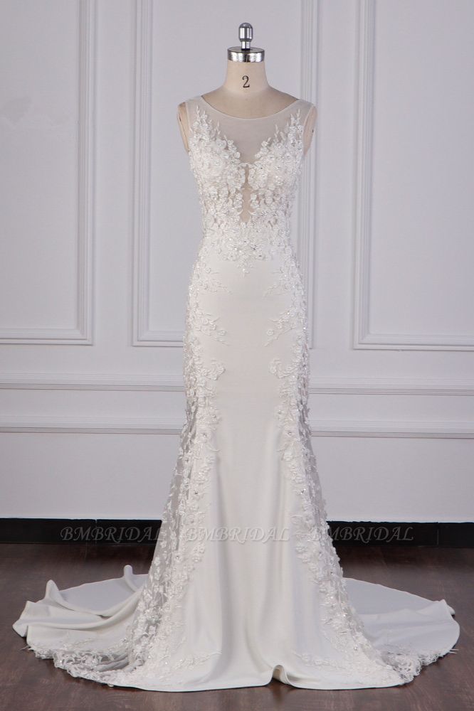 BMbridal Glamorous Jewel Tulle Lace Wedding Dress Sleeveless Appliques Beadings Bridal Gowns Online
