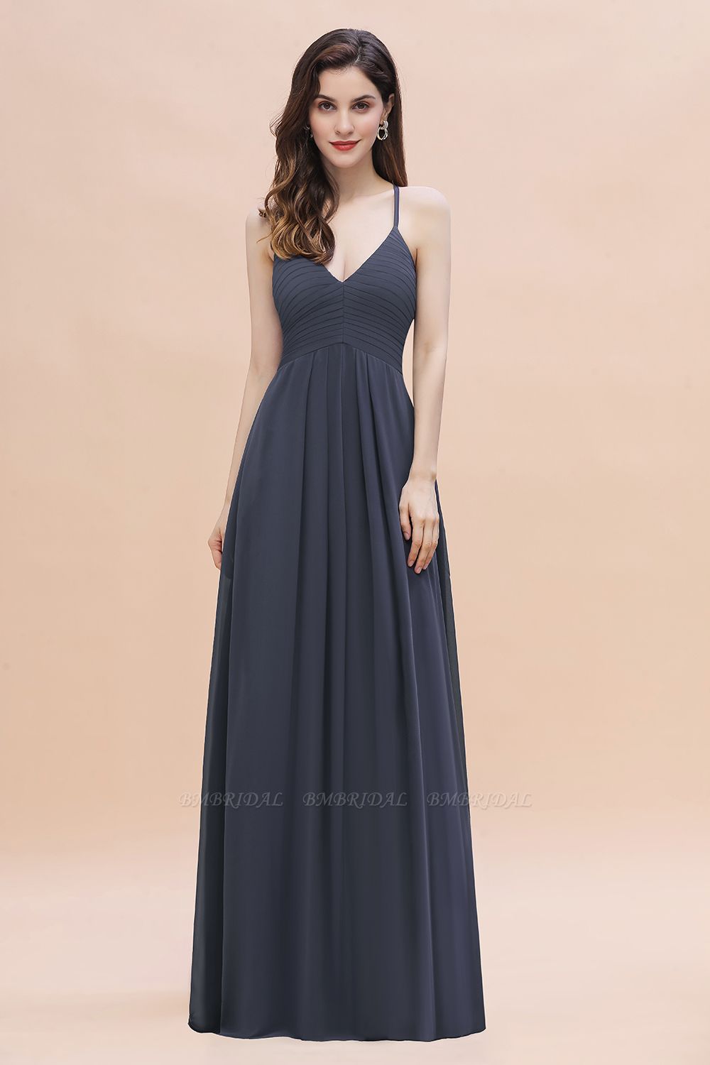 BMbridal Simple Spaghetti Straps Stormy Chiffon Bridesmaid Dress with Ruffles On Sale
