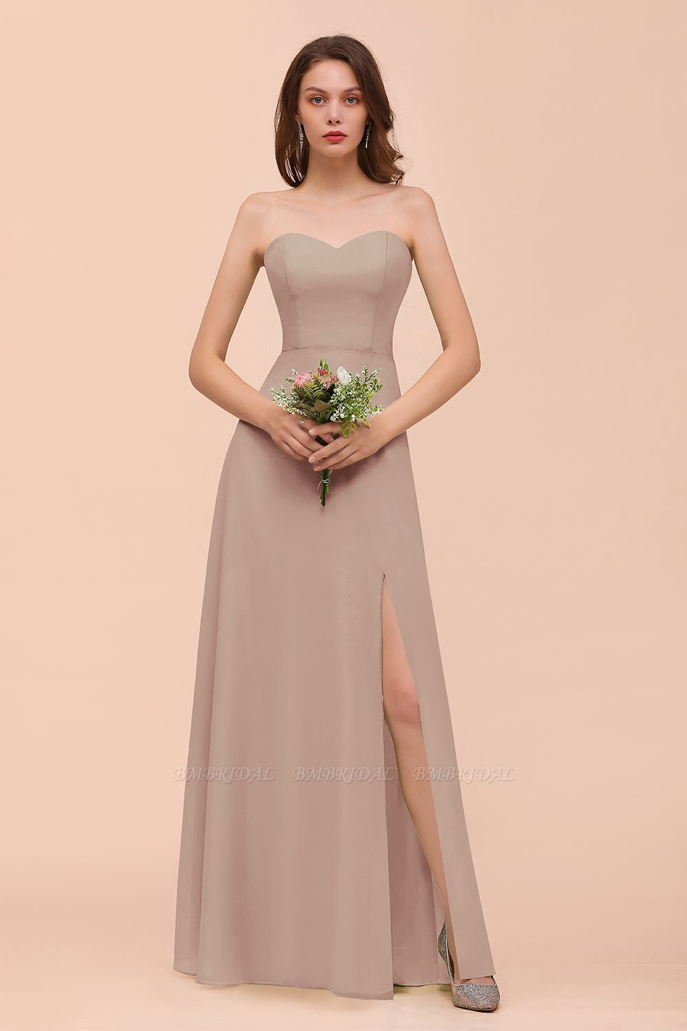 BMbridal Affordable Strapless Front Slit Long Dusty Sage Bridesmaid Dress