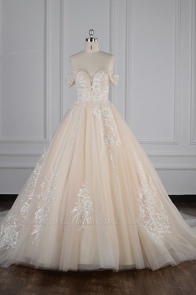 BMbridal Gorgeous Ball Gown Tulle Lace Wedding Dress Champagne Appliques Off-the-Shoulder Bridal Gowns with Beadings On Sale