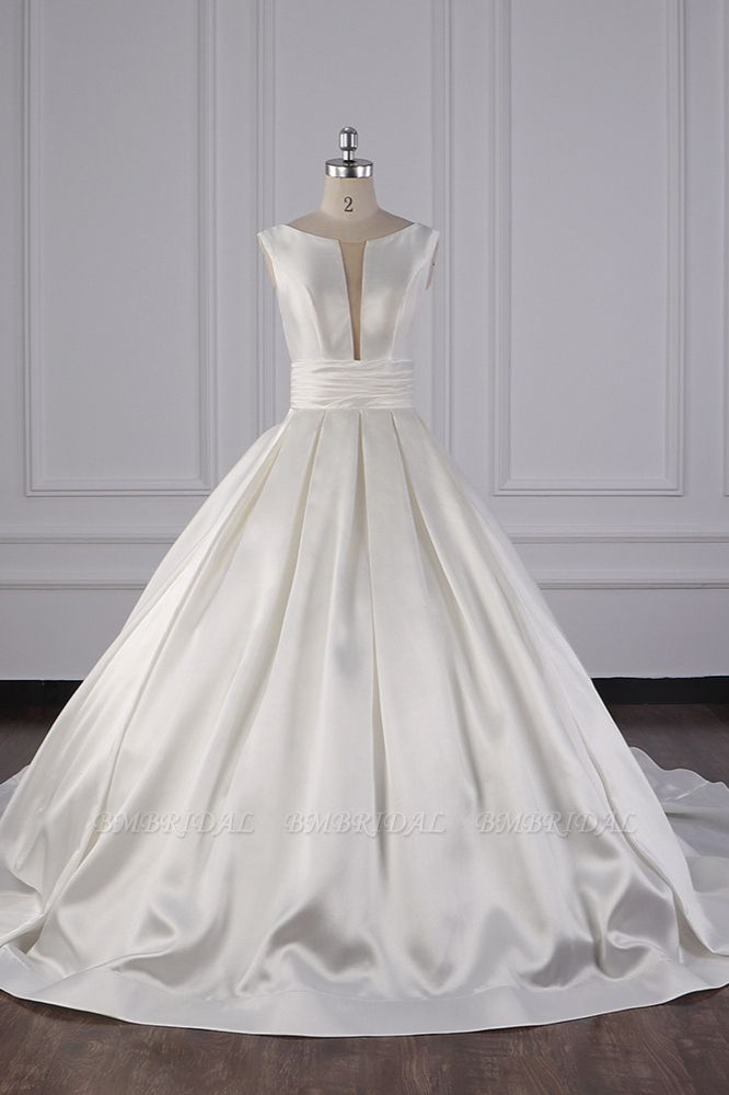 BMbridal Simple Jewel White Satin Wedding Dress Sleeveless Ruffles Bridal Gowns On Sale
