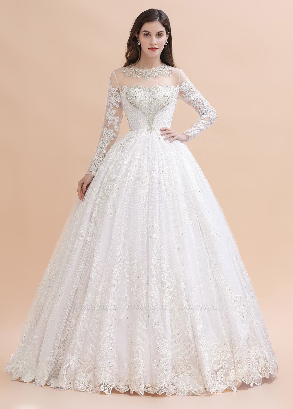 BMbridal Glamorous Jewel Tüll Brautkleid mit langen Ärmeln Applikationen Perlenstickerei Brautkleider Online