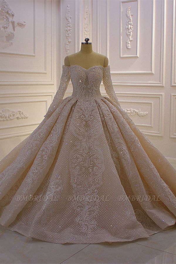 BMbridal Gorgeous Ball Gown Strapless Sequins Wedding Dress Long Sleeves Tulle Lace Bridal Gowns On Sale