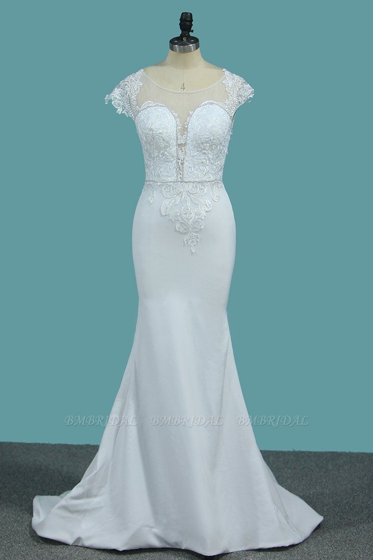 BMbridal Chic Satin Jewel Lace Wedding Dress Cap Sleeves Beadings Mermaid Bridal Gowns On Sale