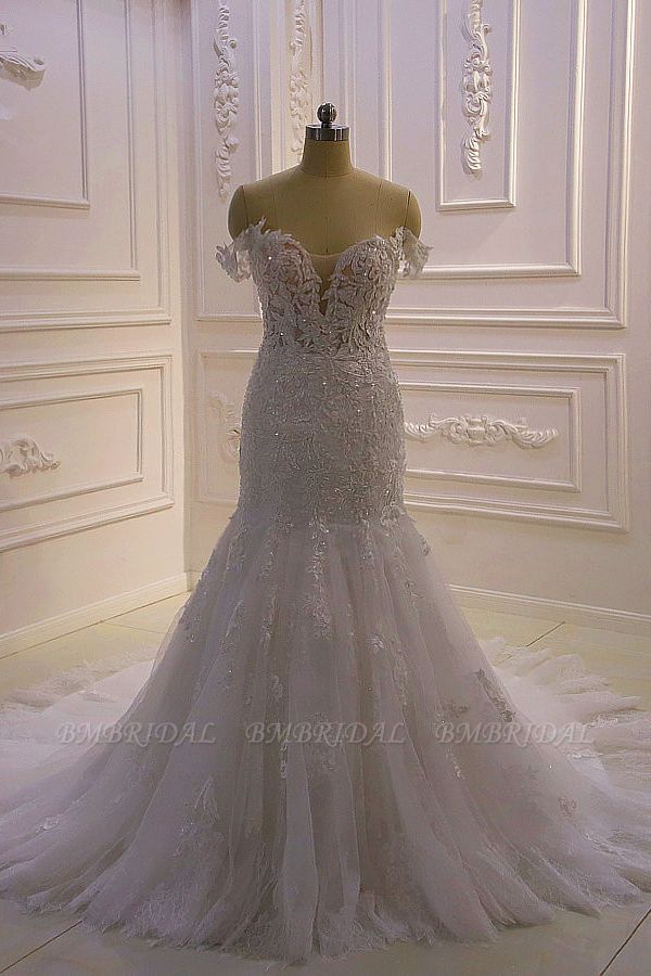 BMbridal Gorgeous Mermaid Tulle Lace Wedding Dress Off-the-Shoulder Appliques Bridal Gowns with Sequins Online