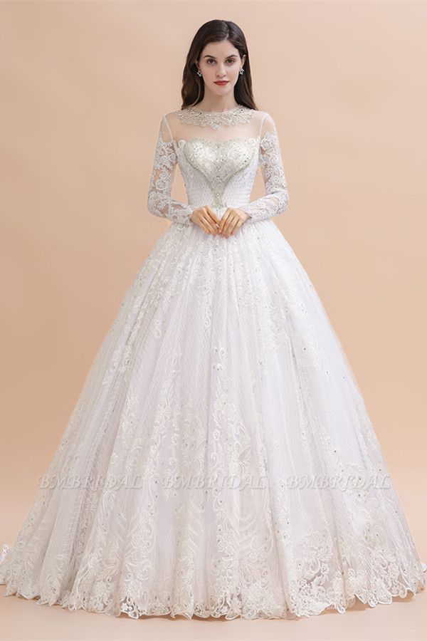BMbridal Glamorous Jewel Tulle Lace Wedding Dress Long Sleeves Appliques Beadings Bridal Gowns Online