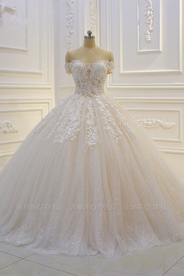 BMbridal Luxury Ball Gown Strapless Tulle Wedding Dress Lace Appliques Sleeveless Sequined Bridal Gowns On Sale