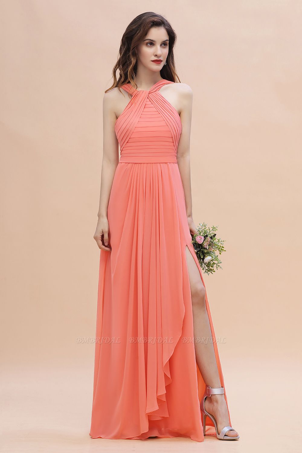 BMbridal Gorgeous A-Line Sleeveless Coral Chiffon Bridesmaid Dress with Ruffles On Sale