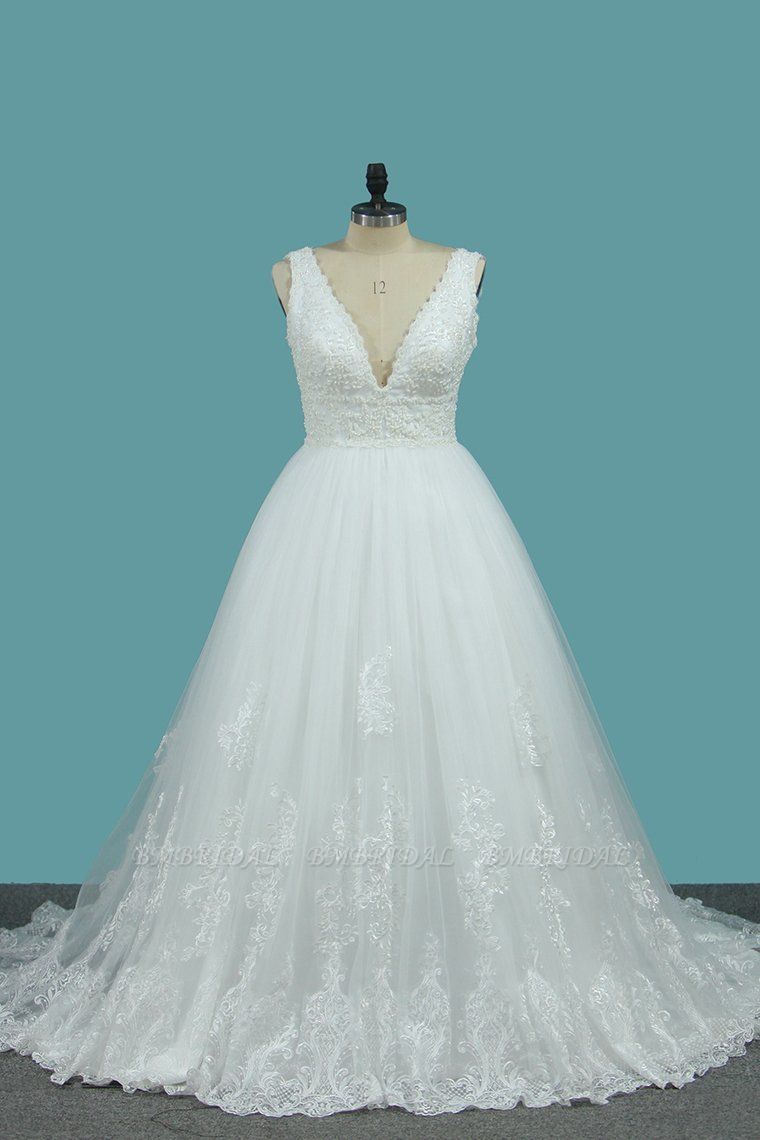 BMbridal Gorgeous A-Line Tulle Wedding Dress Sleeveless Lace Pearls Bridal Gowns On Sale