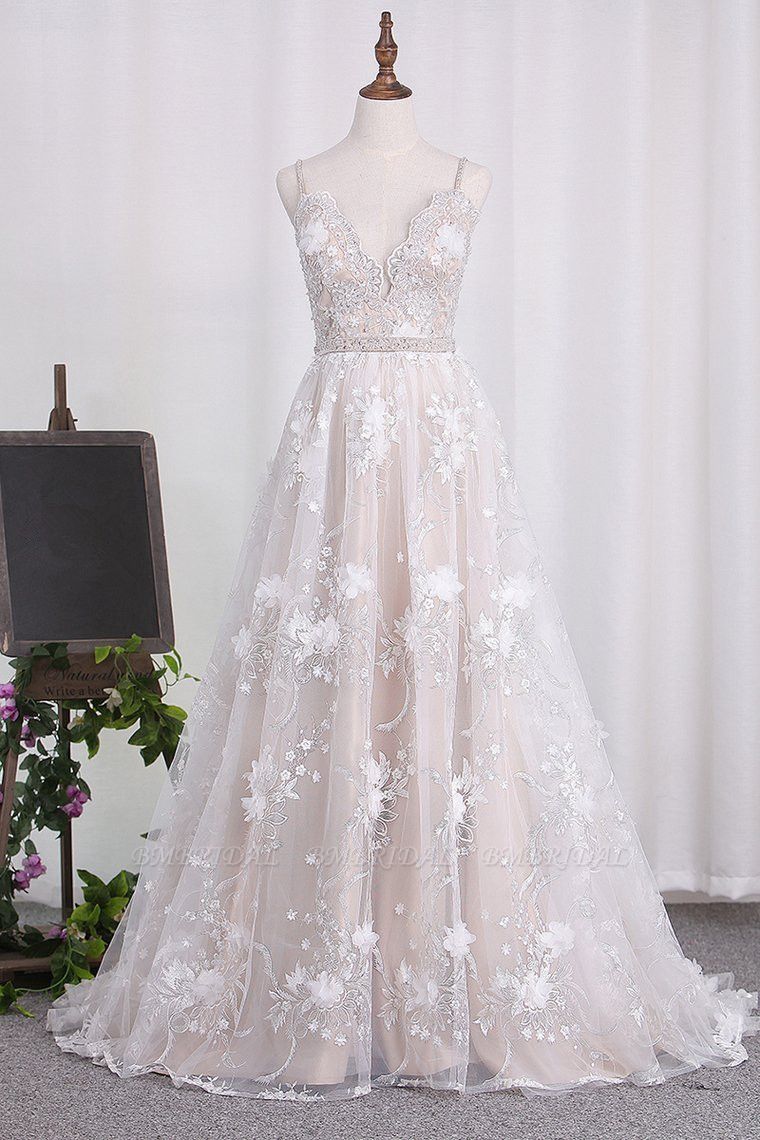 BMbridal Sexy Spaghetti Straps Tulle Wedding Dress Backless Lace Beadings Bridal Gowns with Flowers