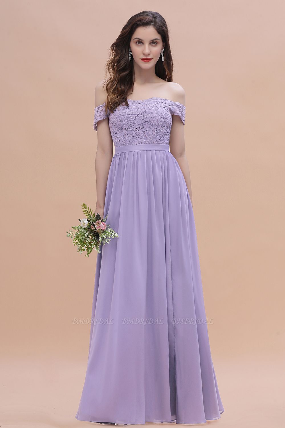 BMbridal Sexy Off-the-Shoulder Lace Chiffon Ruffles Bridesmaid Dress with Slit On Sale