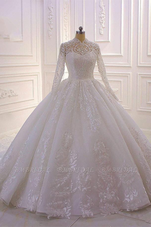 BMbridal Luxury Ball Gown High Neck Tull Lace Wedding Dress Long Sleeves Appliques Sequins Bridal Gowns Online