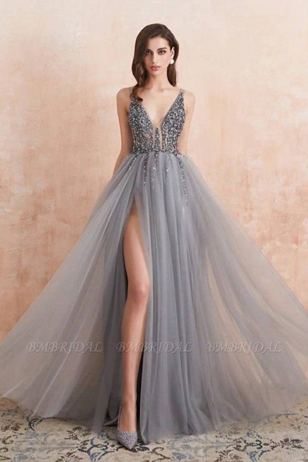 BMbridal Charming V-Neck Tulle Prom Dress Long Evening Party Gowns With Lace Appliques