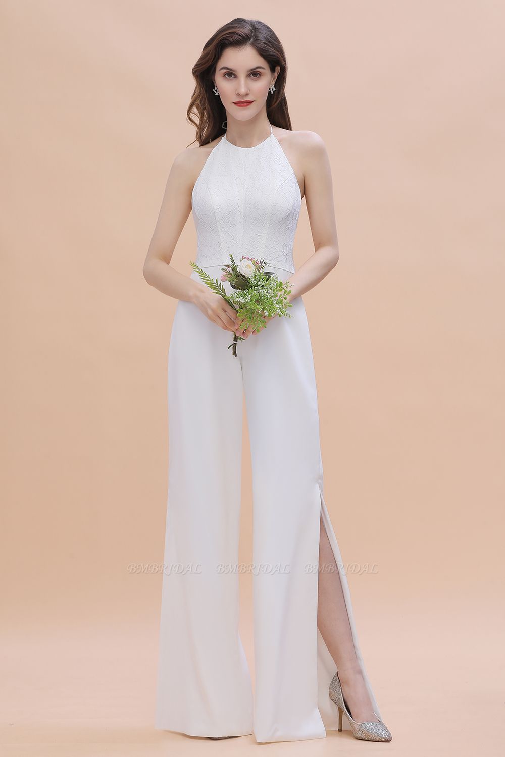 BMbridal Sexy Halter Backless Lace Bridesmaid Jumpsuit with Slits On Sale