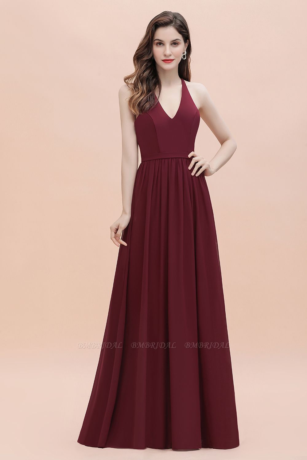 BMbridal A-Line Lace Burgundy Bridesmaid Dress Lace Sequins Sleeveless Evening Dress
