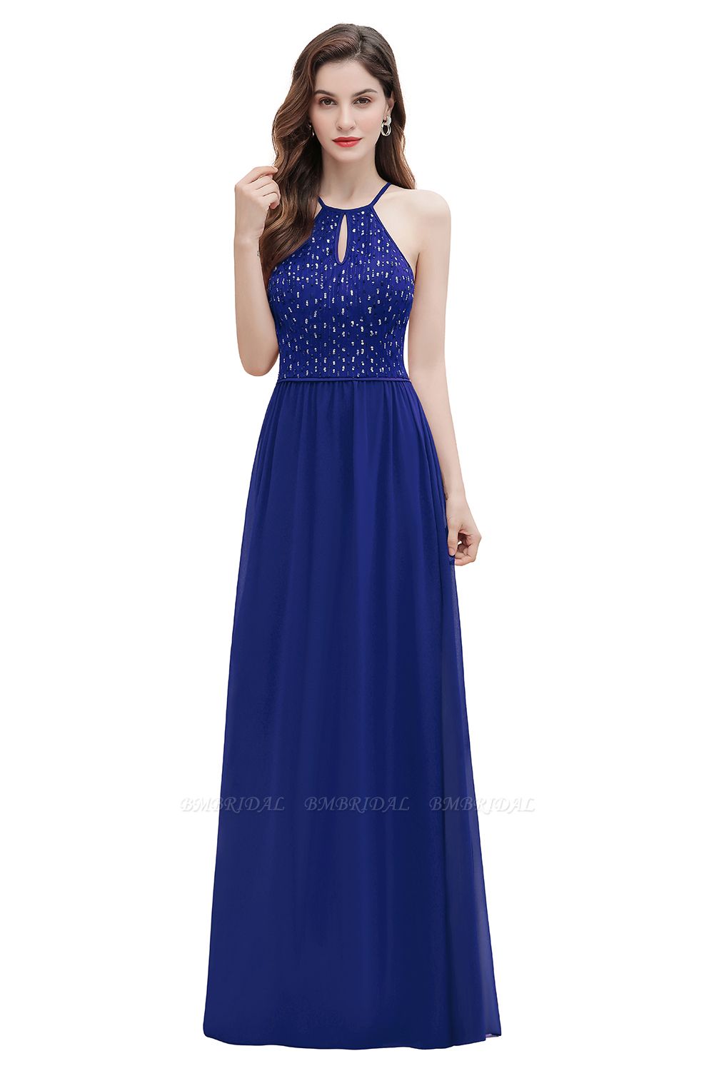 BMbridal Glamorous Halter A-line Bridesmaid Dress Chiffon Sequins Elegant Party Maxi Dress