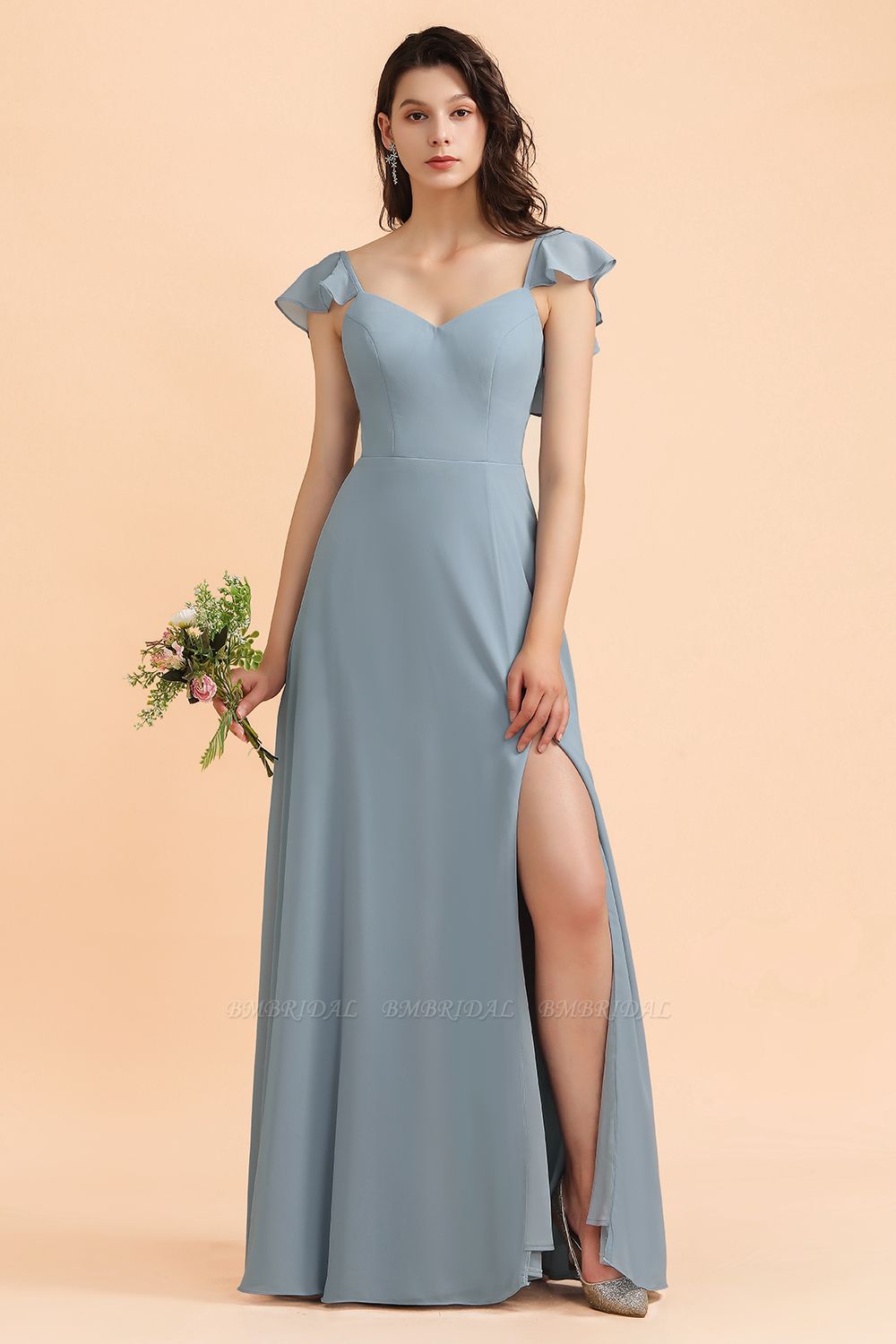 BMbridal Fashion Dusty Blue Chiffon Sweetheart Slit Bridesmaid Dress with Ruffles Online