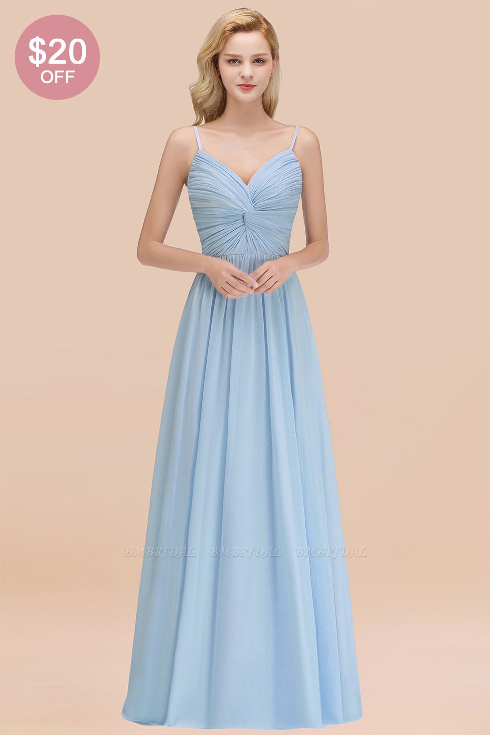 BMbridal Chic V-Neck Pleated Backless Bridesmaid Dresses with Spaghetti Straps