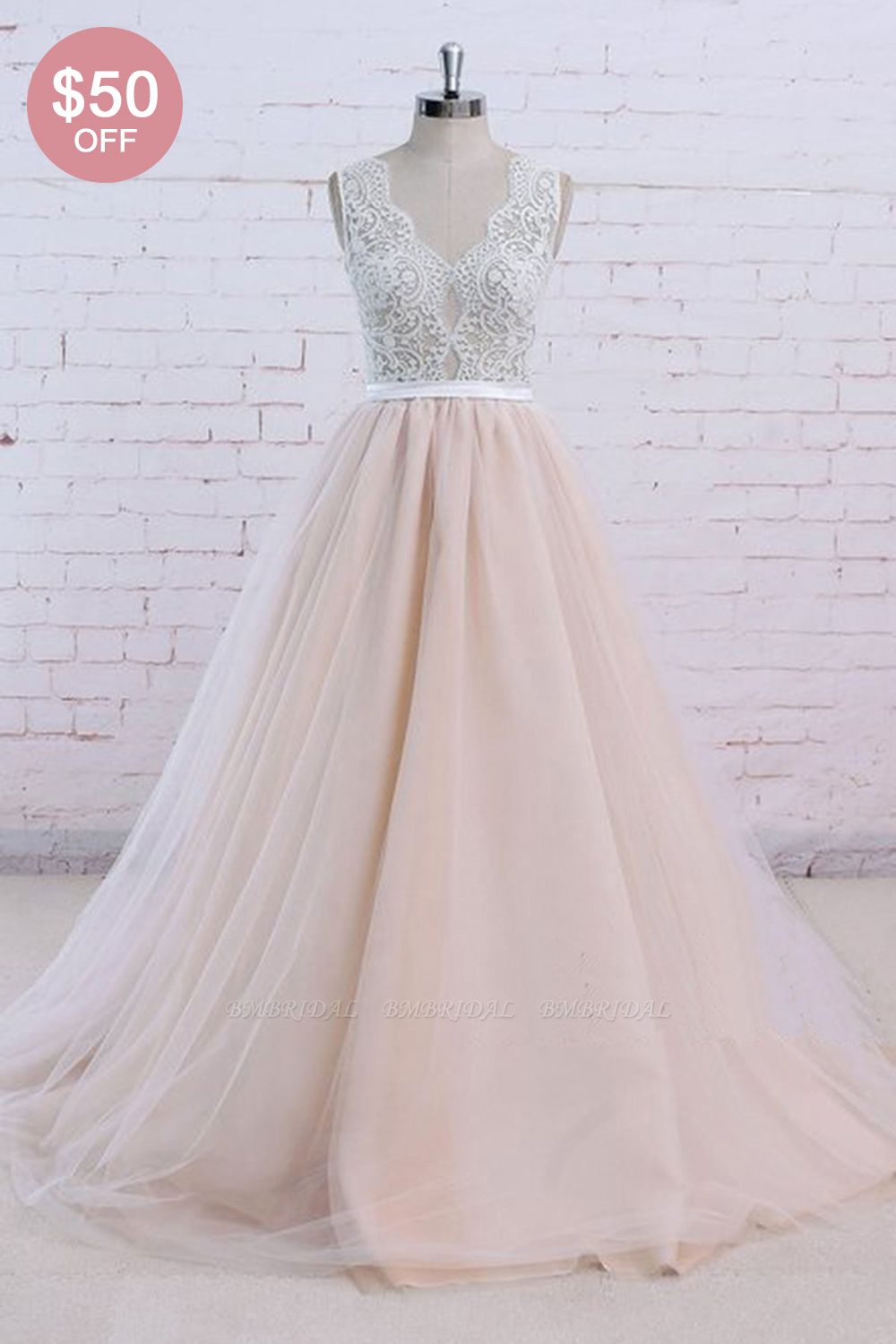 BMbridal AffordableBlush Pink Tulle Wedding Dress Ivory Lace V-Neck Vintage Bridal Gowns On Sale