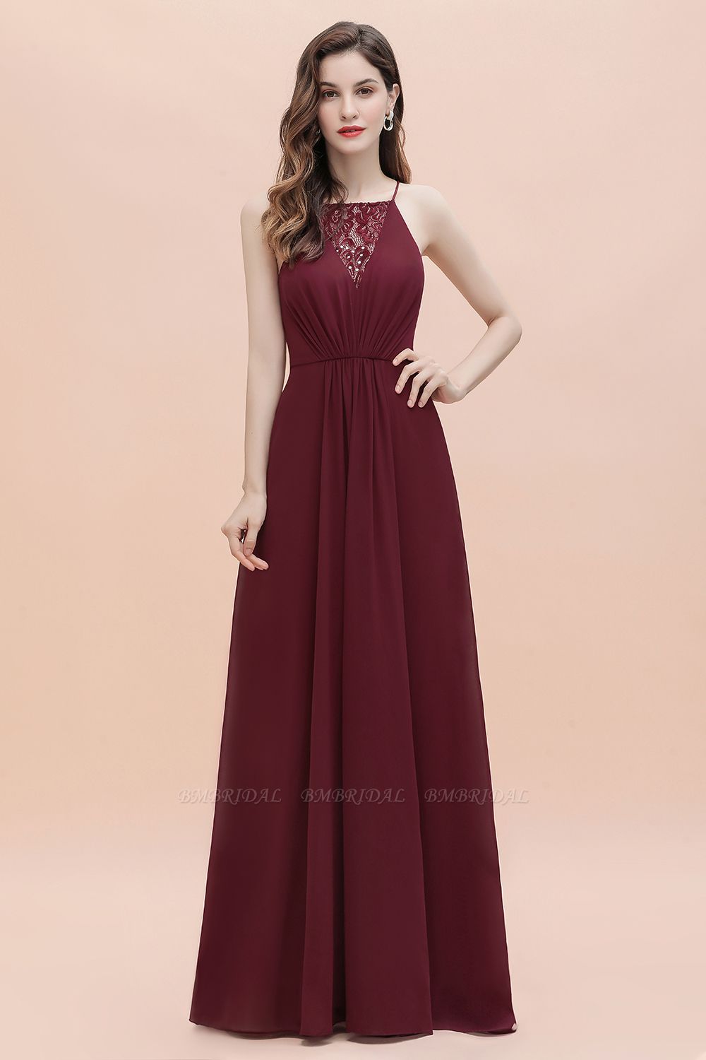 BMbridal Sexy V-neck Burgundy Chiffon Bridesmaid Dress Spaghetti Straps Lace Sequins Evening Dress