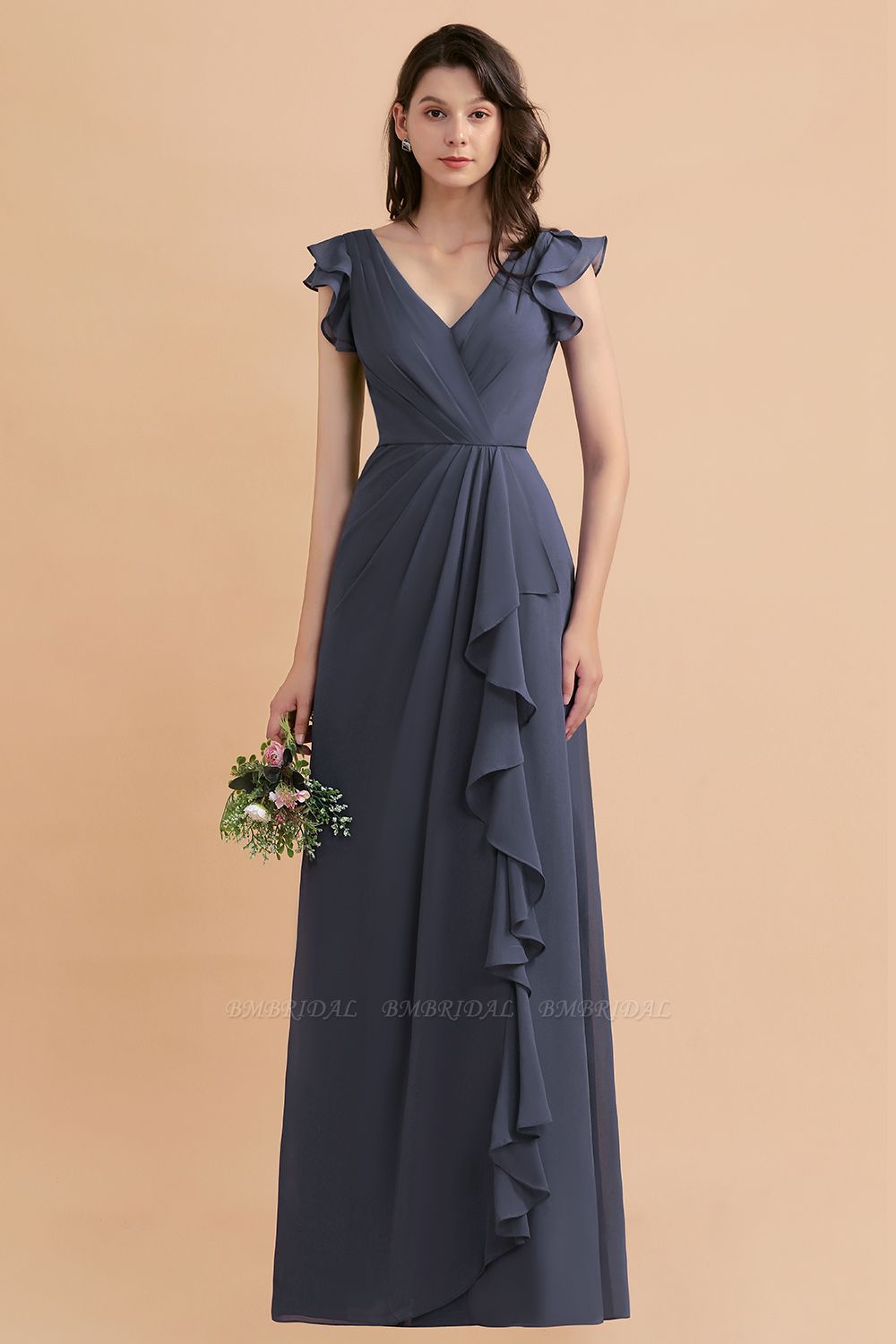 BMbridal Affordable V-Neck Chiffon Ruffles Bridesmaid Dress with Pockets On Sale