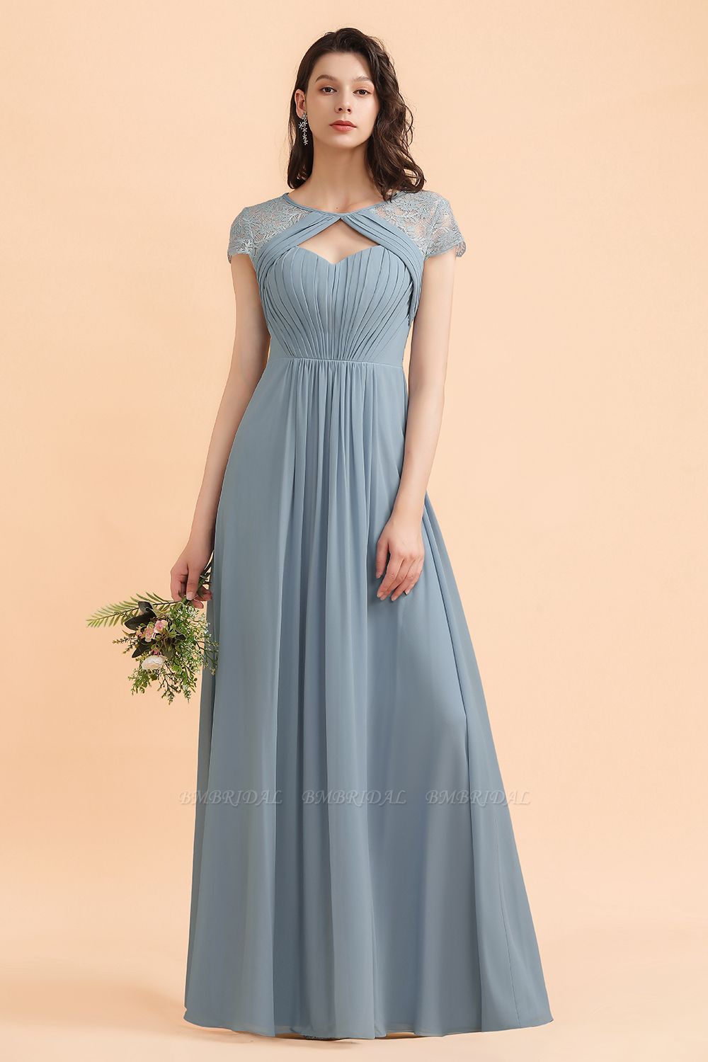 BMbridal Chic Short Sleeves Lace Chiffon Bridesmaid Dress with Ruffles Online