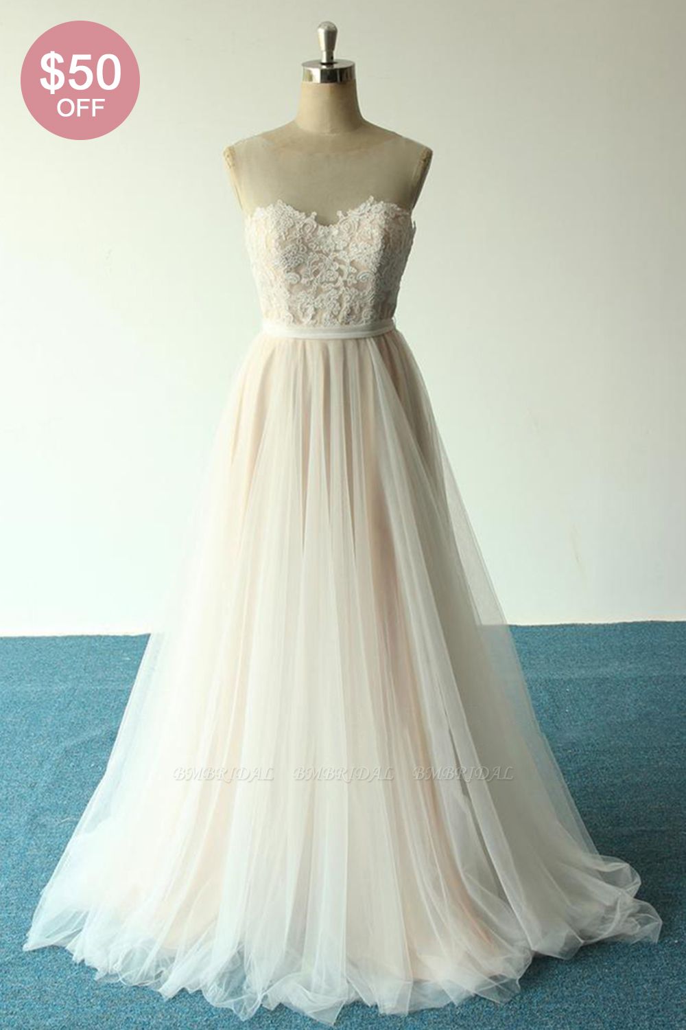 BMbridal Affordable Jewel Sleeveless A-line Wedding Dresses Tulle Lace Bridal Gowns Online