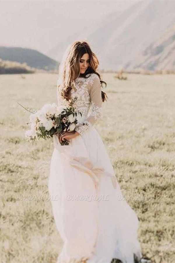 Elegant A-Line Chiffon Lace Wedding Dress Long Sleeves Jewel Ruffles Bridal Gowns On Sale