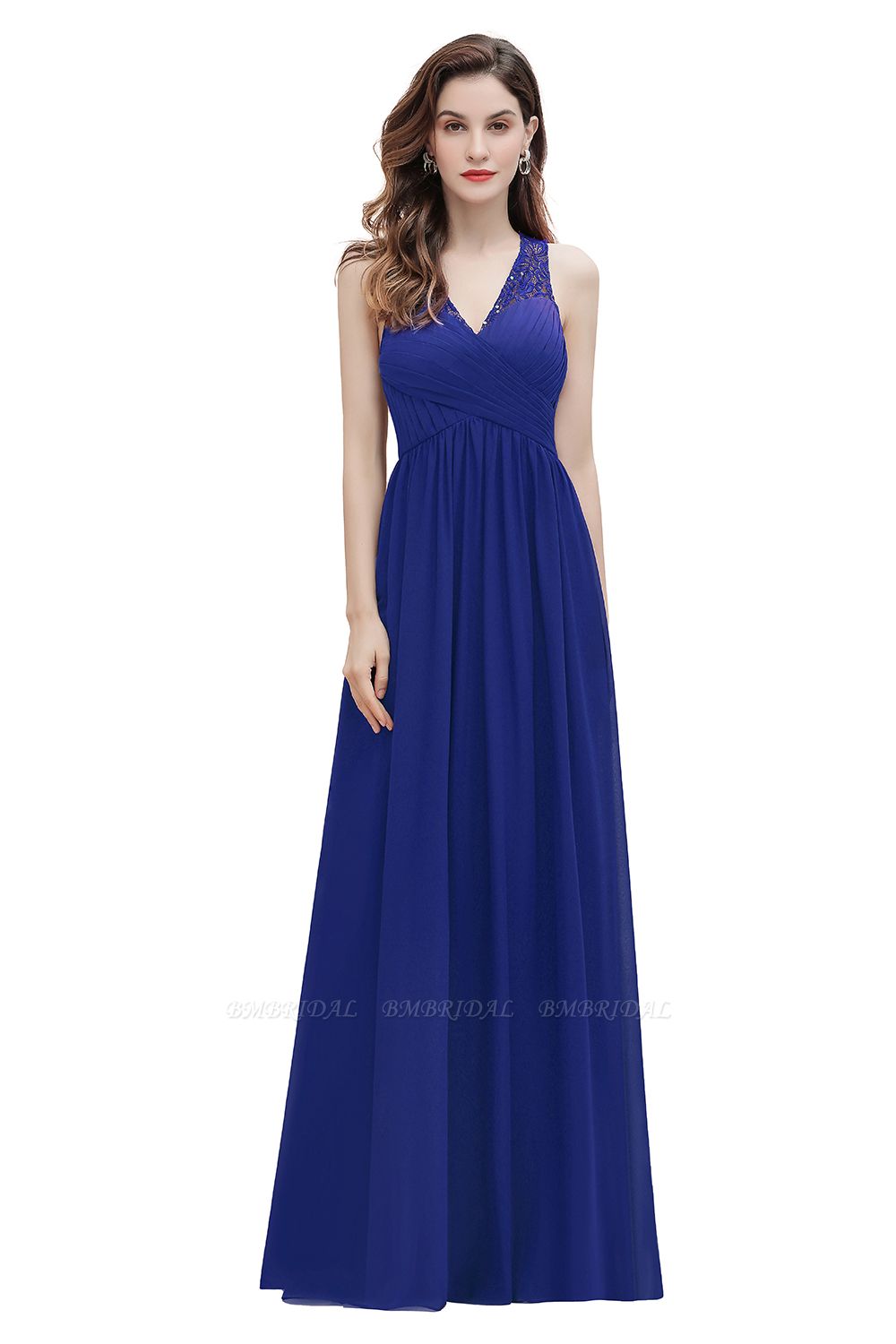 BMbridal Elegant V-Neck Lace Ruffles Bridesmaid Dress Sequins Burgundy Chiffon Evening Dress