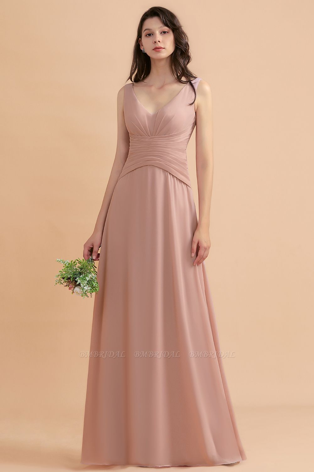 BMbridal V-Neck Dusty Rose Chiffon Bridesmaid Dress with Ruffles