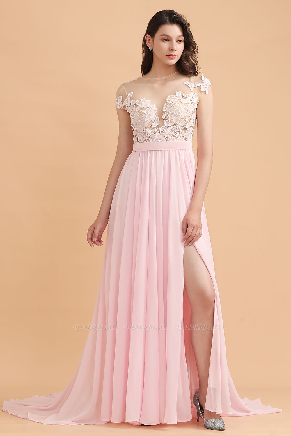 BMbridal A-Line Jewel Chiffon Lace Ruffles Bridesmaid Dress with Slit