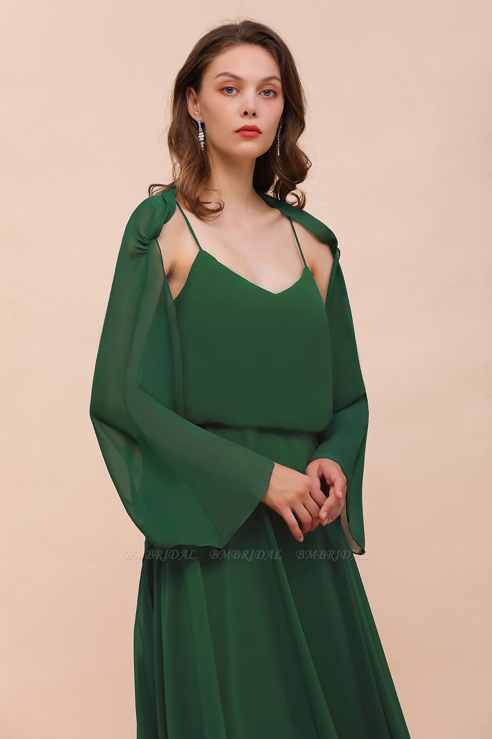 BMbridal Dark Green Chiffon Special Occasion Wraps with Long Sleeves