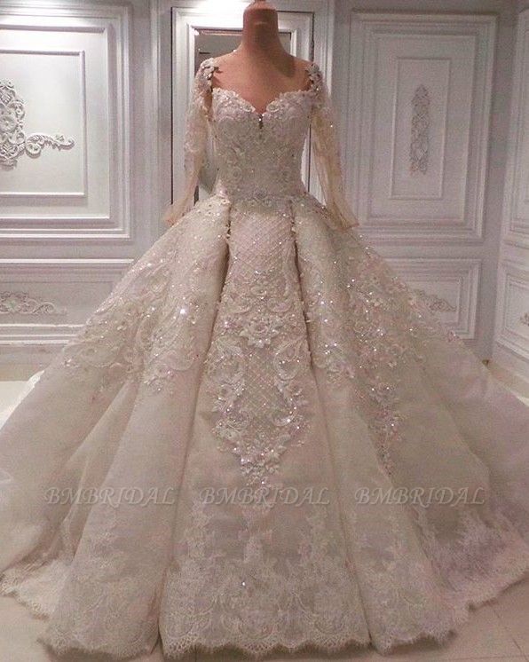 BMbridal Affordable Longsleeves Ivory Lace Wedding Dresses With Appliques A-line Ruffles Bridal Gowns On Sale