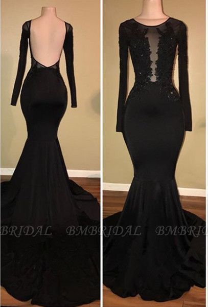 Bmbridal Black Long Sleeves Mermaid Prom Dress Appliques Backless