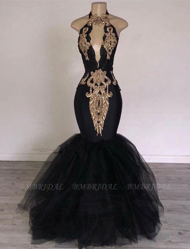Bmbridal Black Sleeveless Prom Dress Mermaid With Gold Appliques